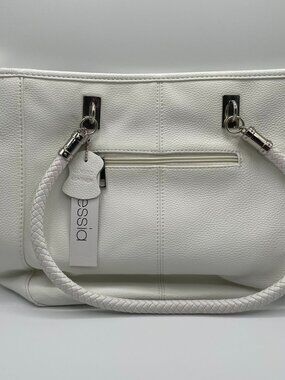 Alessia White Leather Satchel with a Silver Tone Hardware Braided Shoulder Strap
